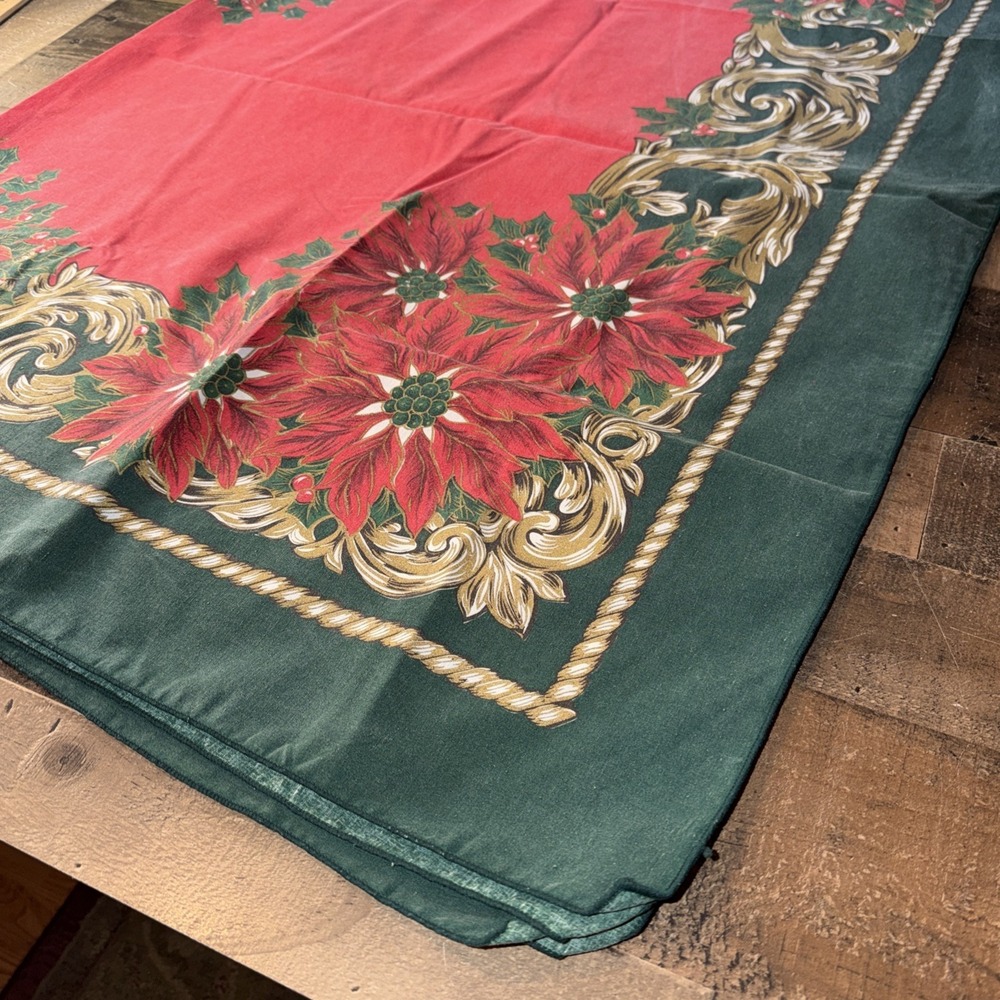 Vintage Christmas Poinsettia Tablecloth Red Green Gold Border 60" x 82" Oblong